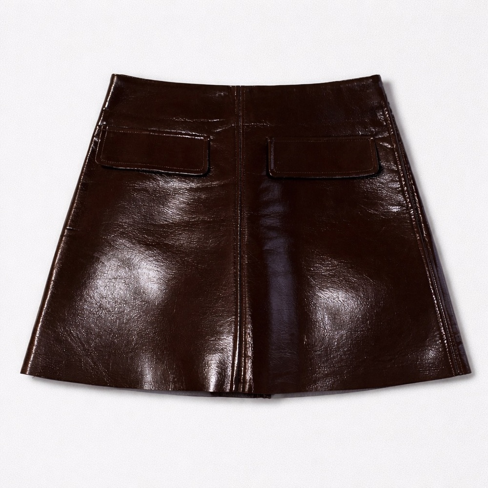 Commense Dark Brown Faux Leather Mini Skirt